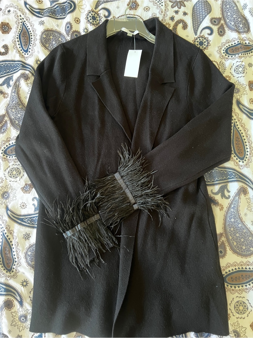 Sioni Black Blazer with Feather-Cuff Sleeves